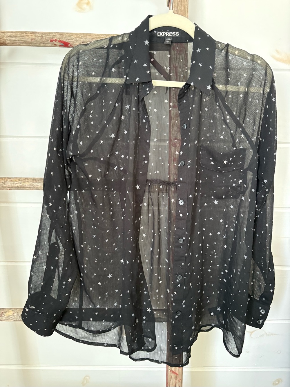 Express Black Sheer Star-Print Button Down Shirt